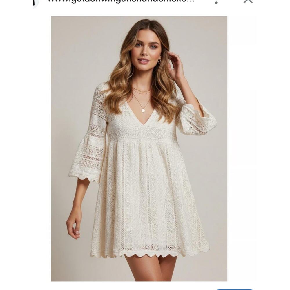 Pomander Place Ivory Lace Linnea Dress, a boho-chic mini dress Size Xs 2604